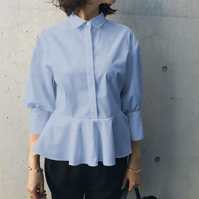 Women Tops and Blouse Celmia Stylish Lapel 3/4 Sleeve Casual Loose Ruffles Tunic Shirts Solid Office Party Blusas Femininas - Цвет: Небесно-голубой