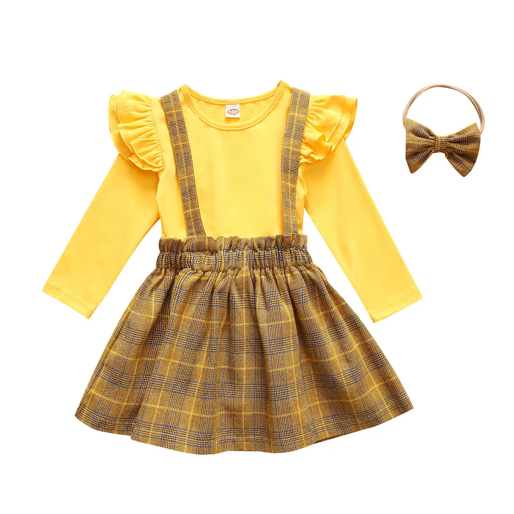 Весенне-осенний хлопковый гофрированный Топ для маленьких девочек, футболка, сарафан в клетку, платье повязка на голову, комплекты для малышей От 1 до 6 лет из 3 предметов - Цвет: Yellow