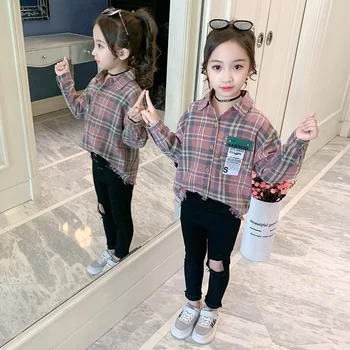 

INS HOT baby girls shirt cotton 4-13 years old plaid long sleeve shirts kids clothes kids clothes blusas Chest label tassel hem