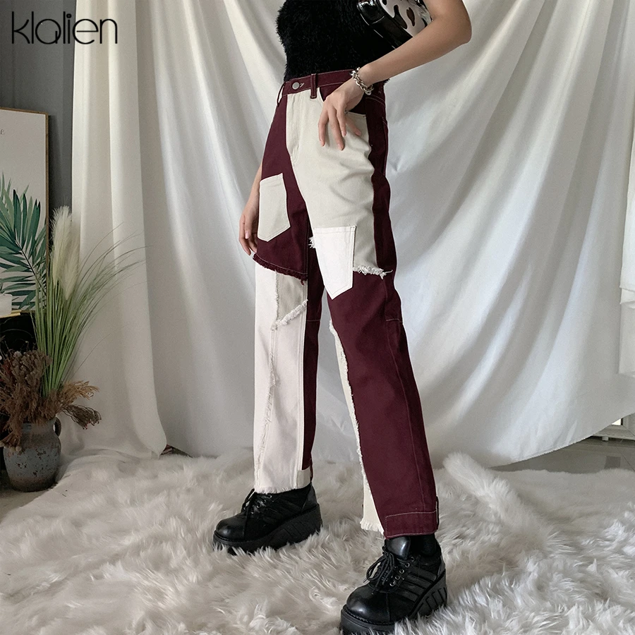 KLALIEN Autumn Winter High Waist Loose Straight Pant Women Fashion Street Hip Hop Wide Leg Pants Patchwork Cotton Female Slacks