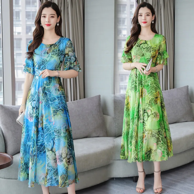 

2019 Summer Wear New Style Korean-style Large Size Dress Bell Sleeve Printed Dress Big Hemline Short-sleeve Dress