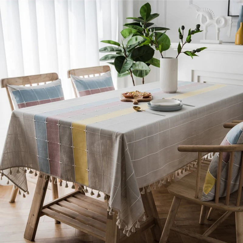 

Nordic waterproof plaid striped table flag imitation cotton and tassel tablecloth rectangular table coffee table table cloth