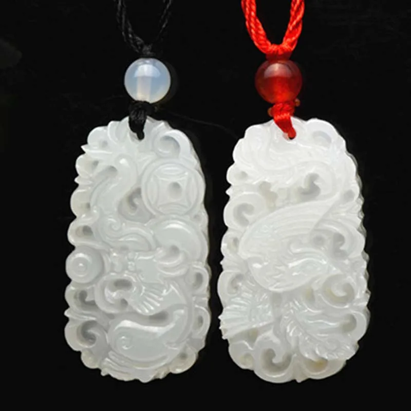 

1 Pair Natural White Jade Dragon and Phoenix Pendant Fashion Lovers Necklace Jewelry Gifts for Her Free Rope
