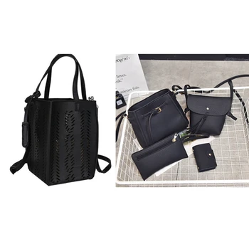 

4Pcs Women Four Set Fashion Handbag Shoulder Bag Tote Bag Crossbody Wallt(Black) & 1Pcs Chain Shoulder Messenger Bag Korean Vers