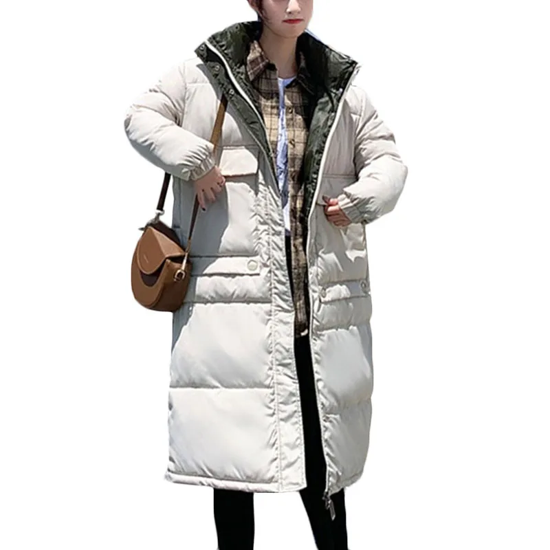 Зимняя новая Корейская длинная пуховая хлопковая куртка женская Свободная Повседневная теплая хлопковая куртка кремово-белая женская s негабаритная парка с капюшоном F878 - Цвет: creamy-white