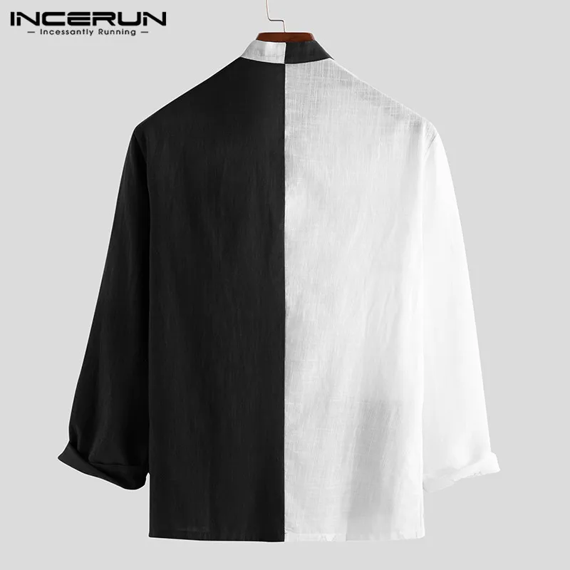 INCERUN Chinese Style Men Shirt Patchwork Stand Collar Retro Button Long Sleeve Casual Mens Cotton Shirts Camisas Hombre