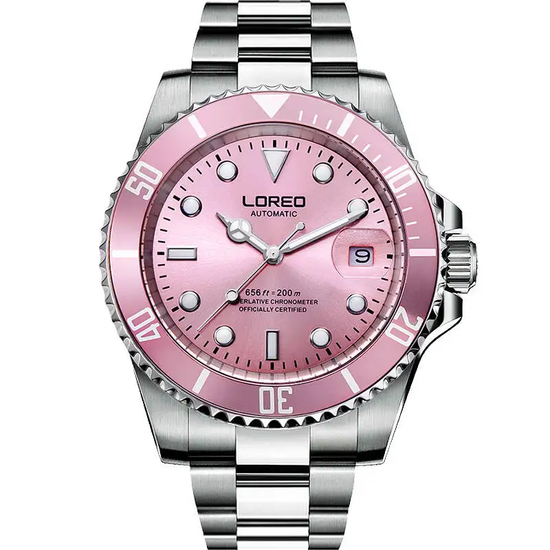LOREO 9201 Германия yacht oyster perpetual master diver 200M автоматический самоветер Водонепроницаемый Календарь царапины простой бизнес - Цвет: Pink dial