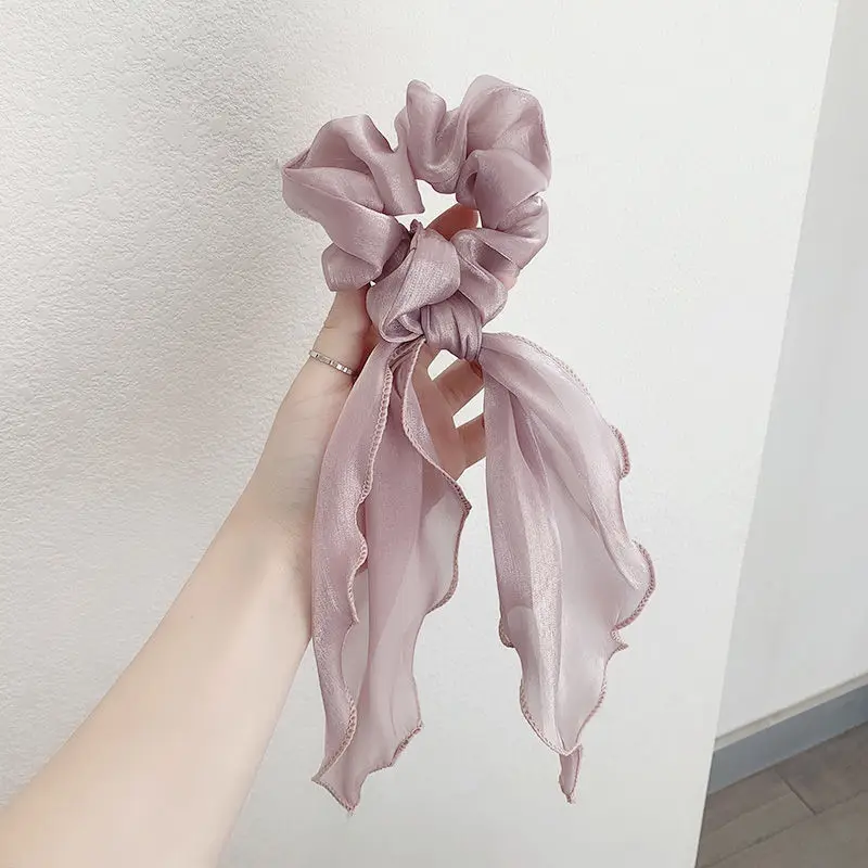 Silk Solid Color Ponytail Long Ribbon Scrunchie Girls Elastic Hair Bands Fashion Hair Accessories Vintage Cross Chiffo Headwear bride headband