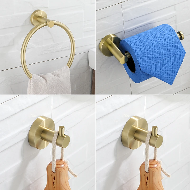 

4Pcs Bathroom Hardware Set-Robe Hook Hand Towel Holder & Paper Holder Wall Mounted Bathroom Stainless Steel Rack Brushed Gold