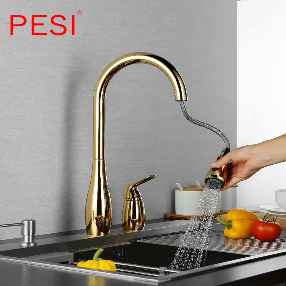 Brass Pull Out Kitchen Sink Faucet Deck Mounted Stream Sprayer Kitchen Mixer Tap Swivel 360 Degree Water Kitchen Hot Cold Tap.