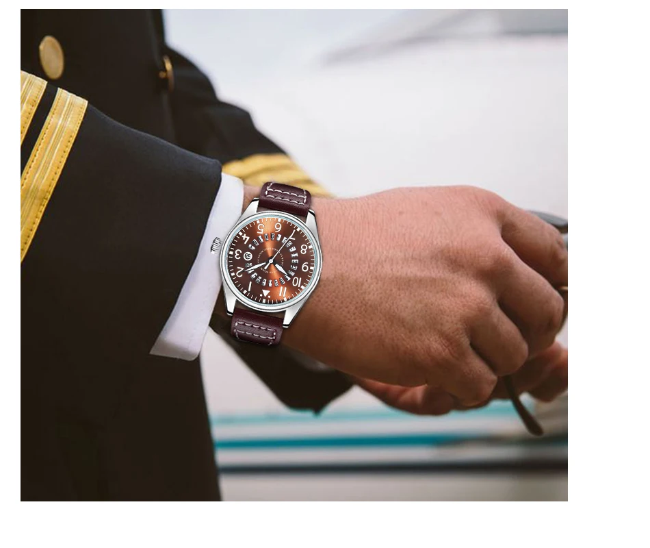 Airplane Sports Military Blue Dial Pilot Calendar Men Wristwatch Chronograph Fashion Casual Brand Army Brown Leather Watches