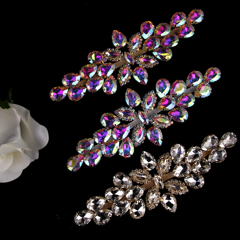 

1 pcs 16.5*6cm Flower Flatback Silver Golden Rhinestones Applique Sew On Wedding Dresses DIY Crafts