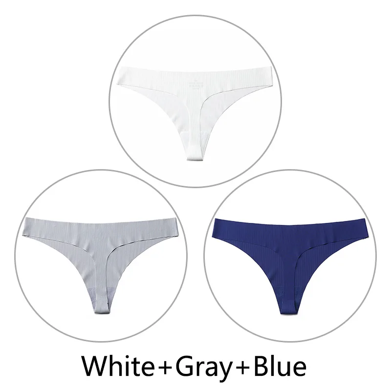 White Gray Blue 3 шт./партия, стринги в полоску и стринги, сексуальные бесшовные трусики, нижнее белье, цельное нижнее белье с низкой посадкой, однотонные XS-L, большие размеры США - Цвет: White Gray Blue
