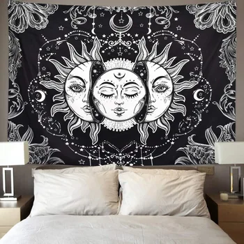 

White Black Sun Moon Mandala Tapestry Wall Hanging Celestial Wall Tapestry Hippie Wall Carpets Dorm Decor Psychedelic Tapestry