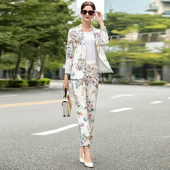 

Runway High Quality Autumn New Party Vacation Casual Long Sleeve Suit Tops Slim Trousers Print Vintage Chic Women'S Sets