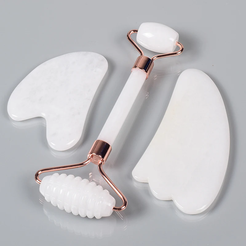 

White Jade Face Care Tool Sawtooth Facial Roller Gua Sha Sets Natural Stone Crystal Massager Health Skin Detox Massage Fifting