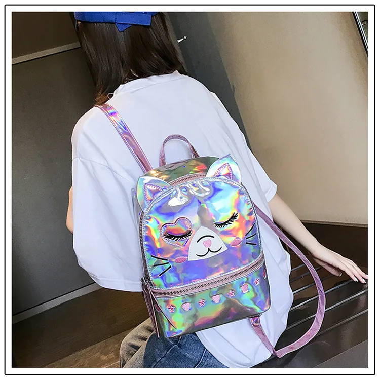Голографическая Модные женские подростковый рюкзак для девочек «милый котенок» Прозрачные лазерные конфеты Рюкзак Школьная Сумка женская школьная сумка