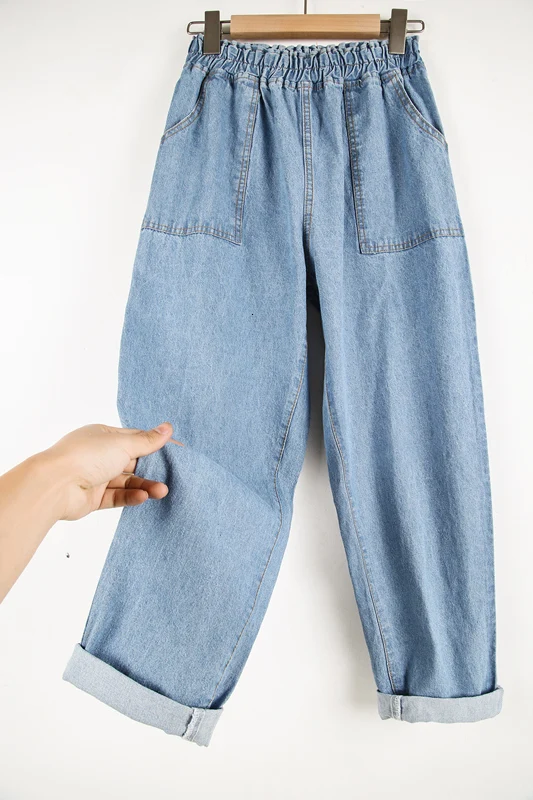 Летние джинсы для женщин в стиле бойфренд повседневные свободные винтажные джинсы с эластичной резинкой на талии брюки размера плюс джинсовые штаны-шаровары