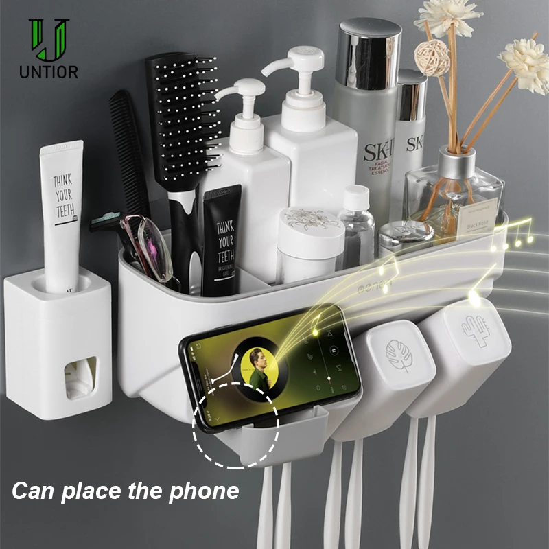 

UNTIOR Wall Mount Toothbrush Holder Toothpaste Squeezer Toiletries Phone Storage Rack Multi-function Bathroom Accessories Set