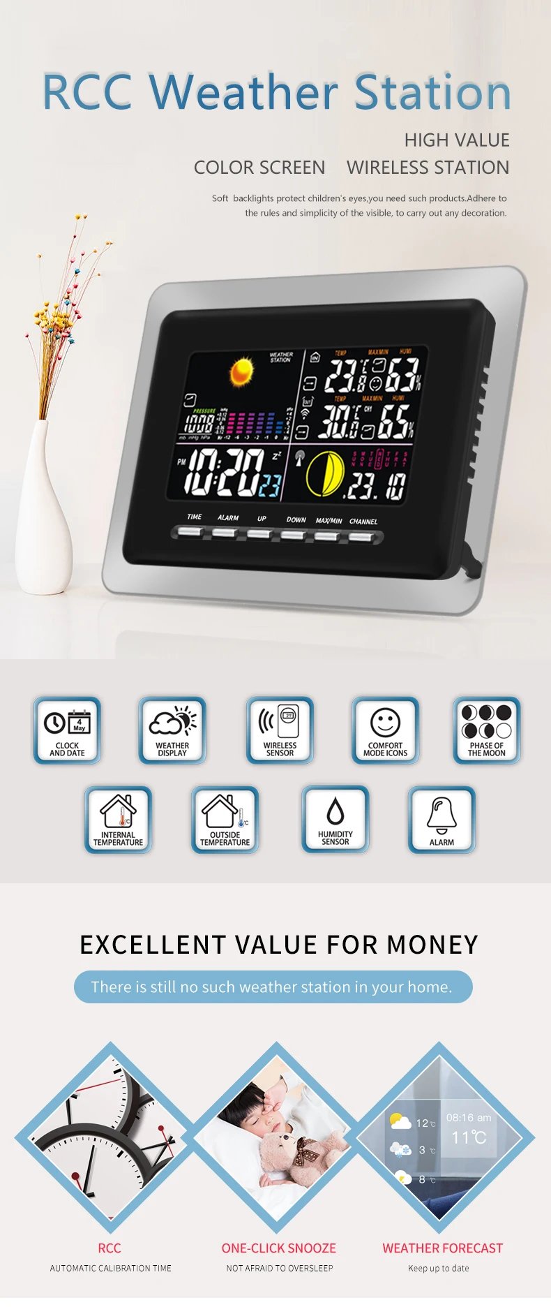 DYKIE Беспроводной RF lcd подсветка метеостанция с барометром температура внутри и снаружи влажность цифровые часы 123 передатчик