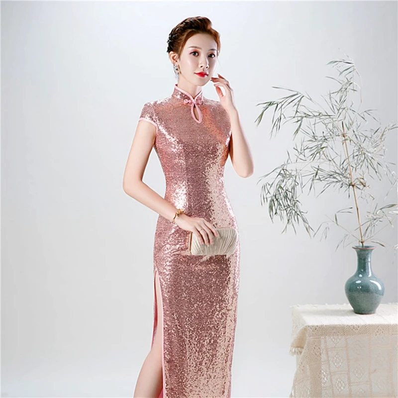 Большой размер улучшенный cheongsam 5XL Осень розовый блесток мода cheongsam женский этикет Подиум представление cheongsam