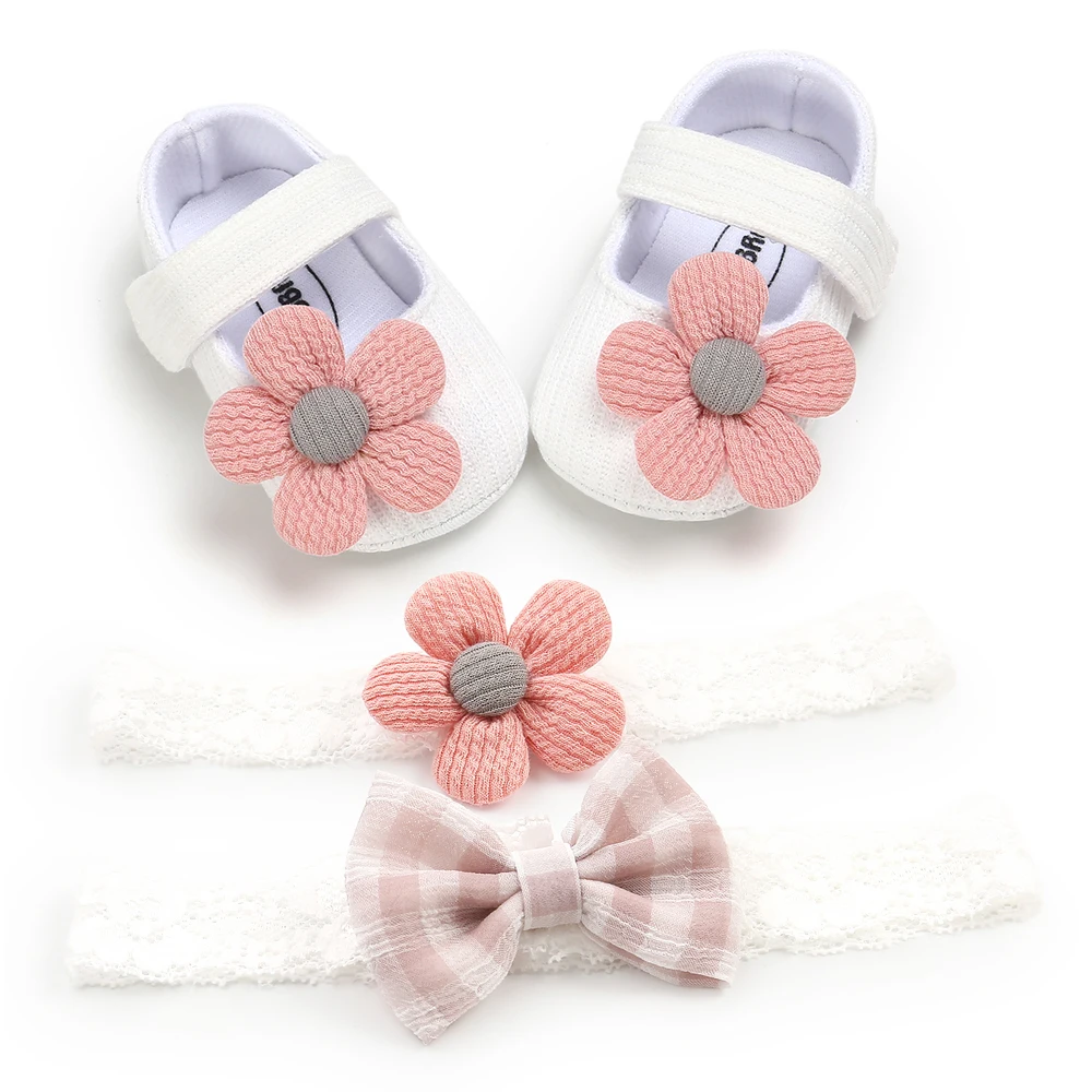 Spring 0-18M Baby Girl Baby Shoes+Bow+Floral Headband Set Big Flower Soft Sole Flats Infant Toddler