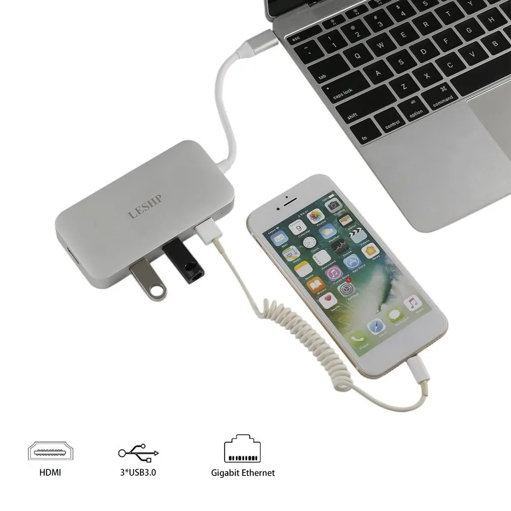 LESHP алюминиевый белый type-c к USB-3.0 3 портовый концентратор RJ45 Gigabit HDMI 4K PD зарядка цифровой AV конвертер адаптер