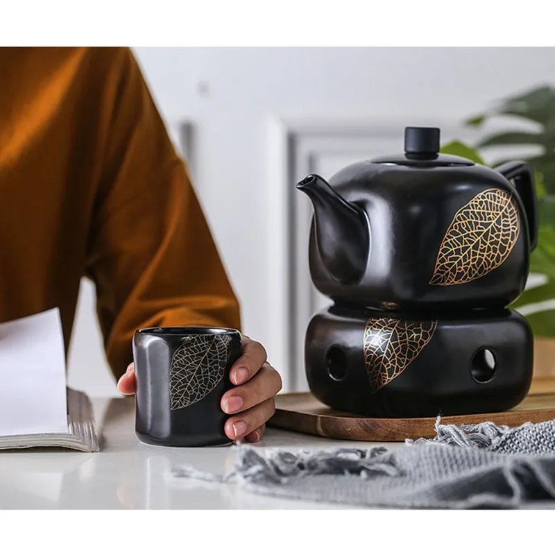 

House Ceramic Teapot Cups Tea Service Tray Set Tea Pot Holder Base with Four Tea Cups and Wooden Tray for Home Restaurant Office