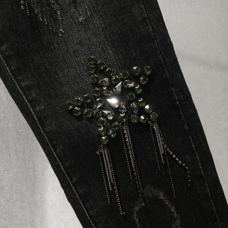 Европейские женские джинсы с высокой талией, новинка, весенние и осенние джинсовые штаны-карандаш с надписью и царапинами, стразы, кисточки, звезды