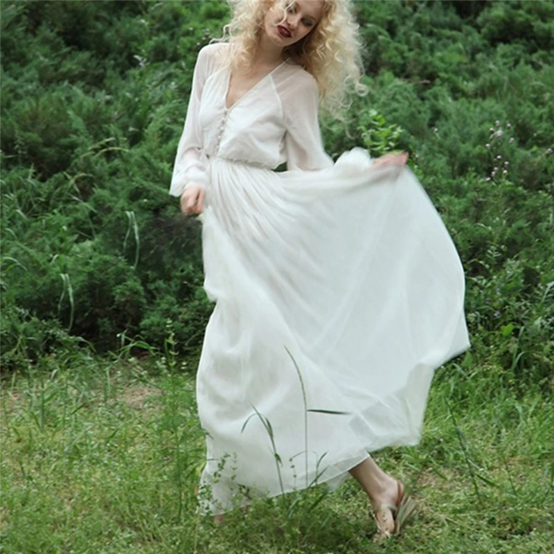

Sexy Dress Woman Summer Floor-Length Maxi Chiffon Dress Beach Dresses Long Sleeve Female Elegant White Dresses Femme Vestdiaos