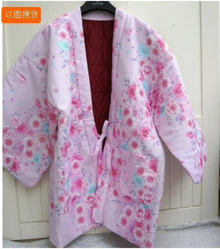Японское зимнее женское теплое кимоно толстое хлопковое Стеганое пальто Haori ватная хлопковая верхняя одежда с цветочным принтом Свободное пальто W035 - Цвет: 3