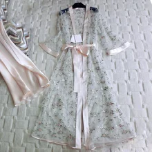 Новая мода весна лето осень женские шелковые пижамы сексуальное прозрачное Сетчатое ночное белье из двух частей платье на бретельках Халат