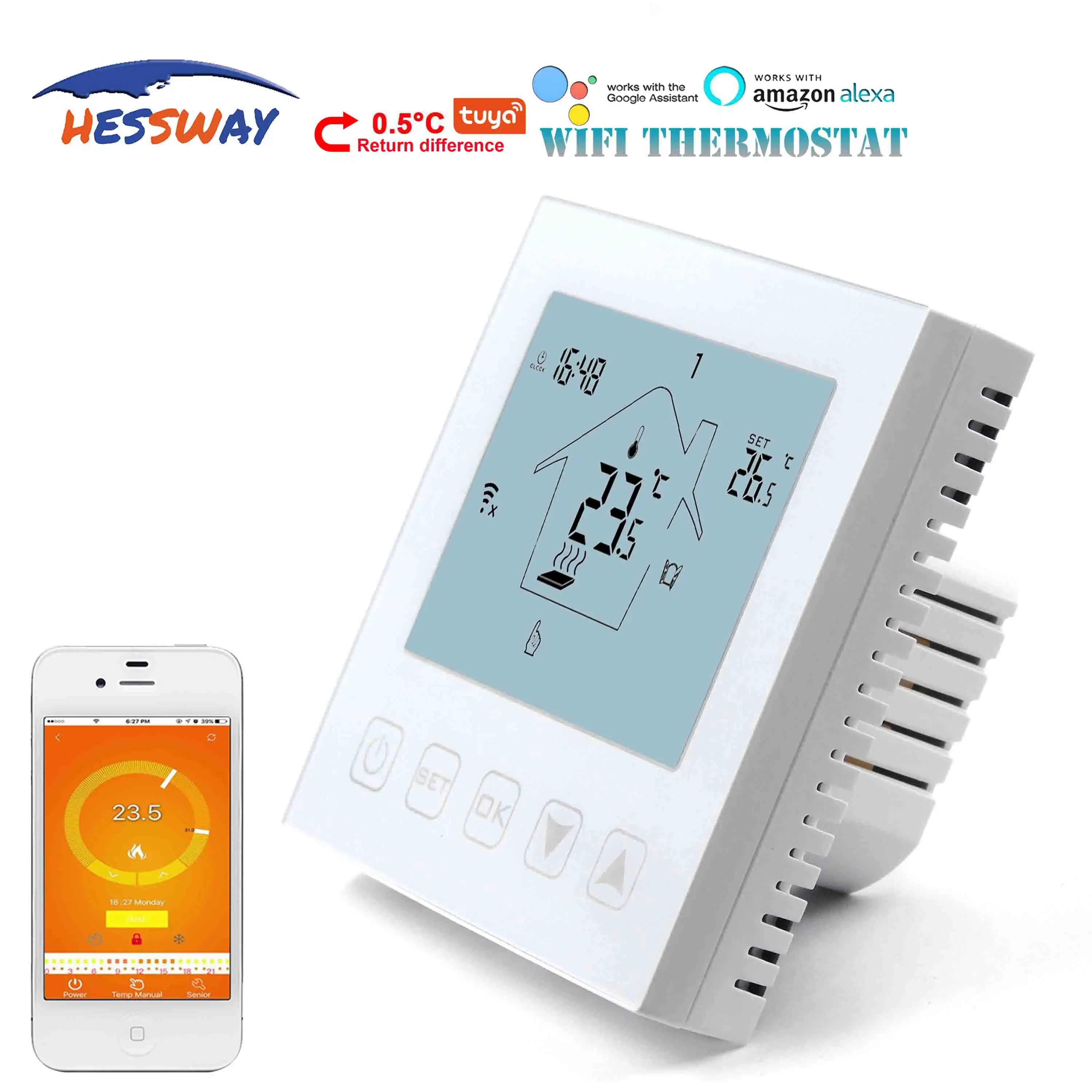 HESSWAY 네거티브 디스플레이 프로그래밍 가능 전기 와이파이 온도 조절기, 난방 듀얼 센서 16A