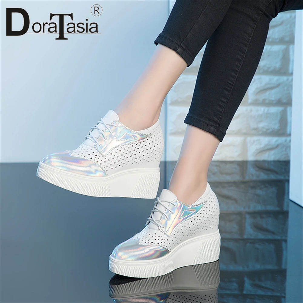 

DORATASIA Fashion Female Spring Pumps Casual Pumps Women Genuine Leather Hollow Lace Round Toe Increasing Height Shoes Woman