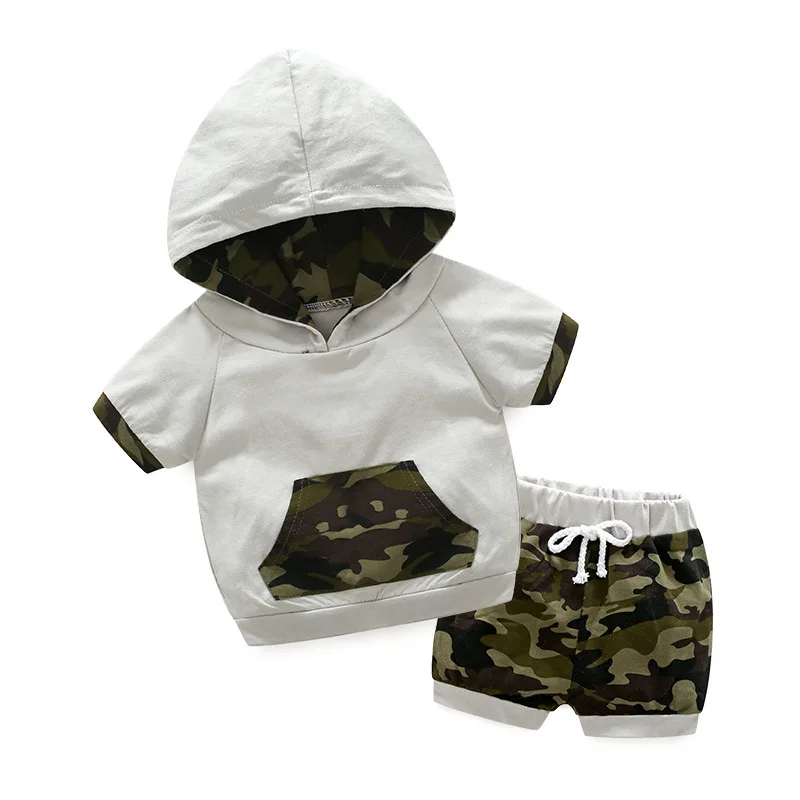 

Boutique Kids Clothing Summer Short Patchwork Cotton Hoodie with Pants 2pcs/set Baby Boys Clothes Wholesale