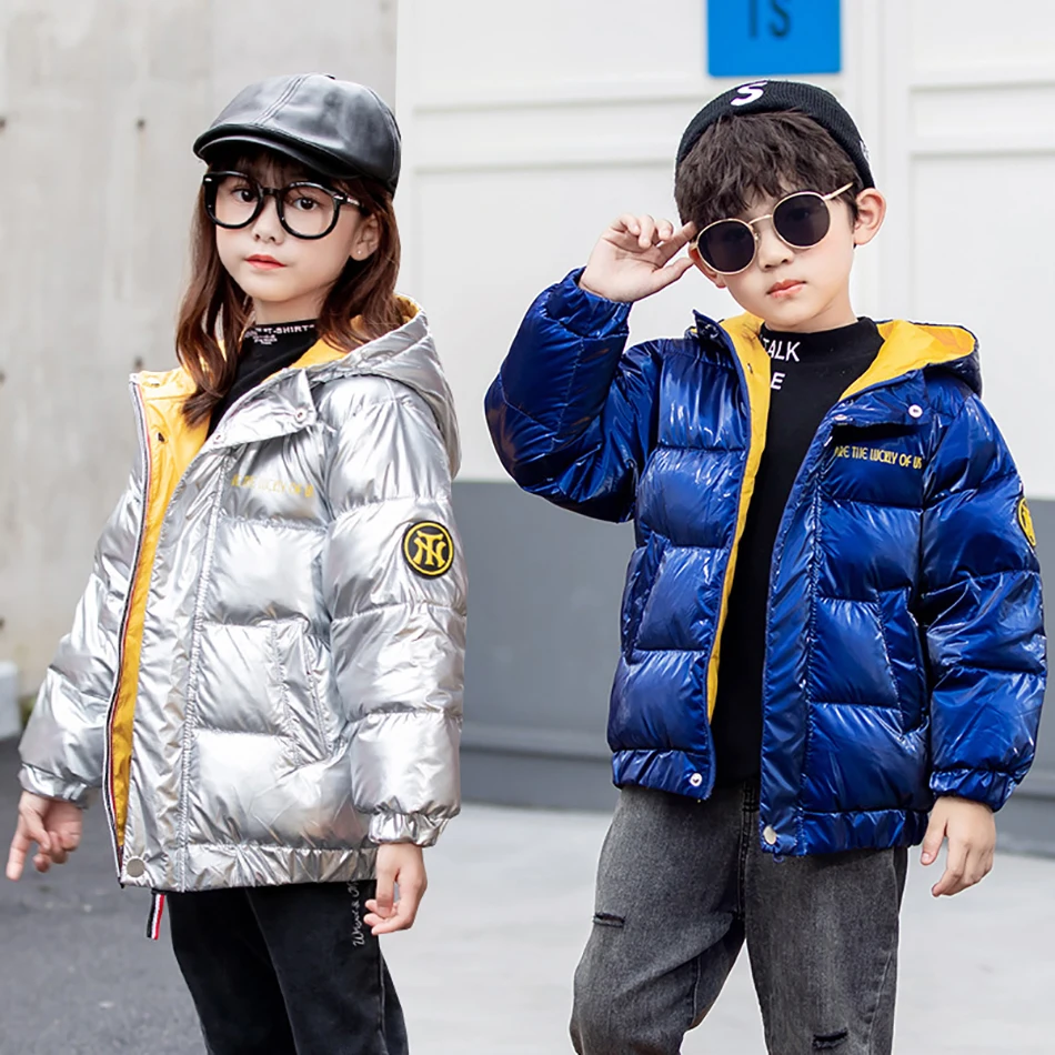 

Fashion Glossy Hooded Down Jackets For 3-12 Years Children Autumn Winter White Goose Down Warm Coats Boy Girls Outerwear