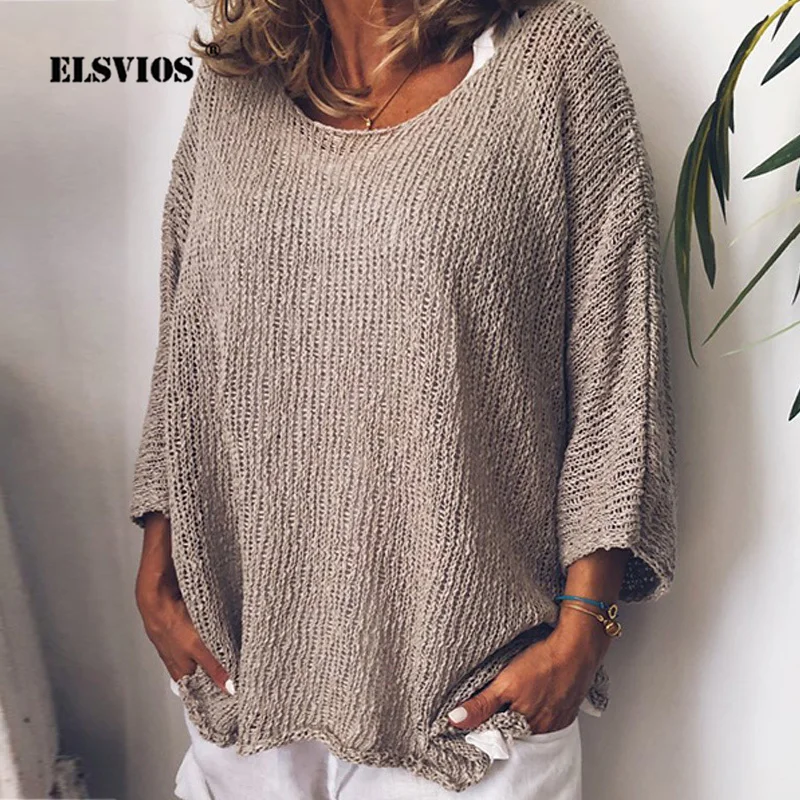 

ELSVIOS 5XL Women Blouse 2019 Autumn Casual Long Sleeve Knitting Tops Female O Neck Solid Casual Pullover Loose Streetwear Shirt