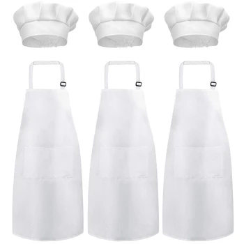 

New-6 Pieces White Apron Set Unisex Adjustable Chef Hat Kitchen Baker Cook Apron with Pocket for Home Restaurant Accessories