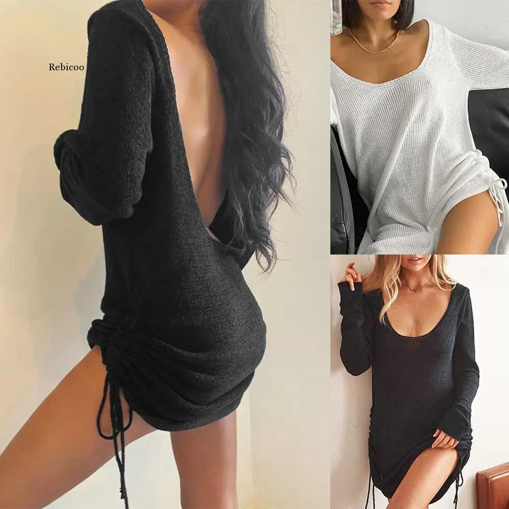 

Sexy Backless Sweater Dress Women Autumn O-Neck Long Sleeve Solid Color Loose Shrinkage Drawstring Lace Up Mini Dresses Vestidos