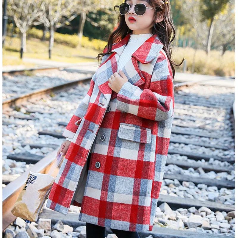 Fashion Winter Children Trench Coats Clothing Big Girls Plaid Worsted Tops Turn Collar Long Full Sleeve Cotton Jackets Kids