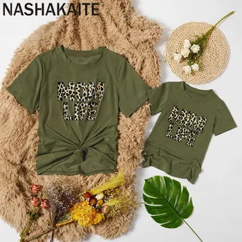 

NASHAKAITE Mommy and me clothes Casual Army Green Leopard Letter Print "MOM LIFE" Matching Tops Mom and Daughter T-shirts