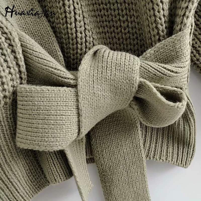 Huaxiafan cardigans solid belt sweaters women autumn outwear casual tops elegant V neck puff sleeves vintage warm cardigans new
