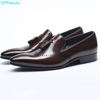 

QYFCIOUFU Men Dress Shoes Genuine Cow Leather Brogue Shoes Tassel Casual Flats Shoes Black Burgundy Pointed Toe Oxford Shoes