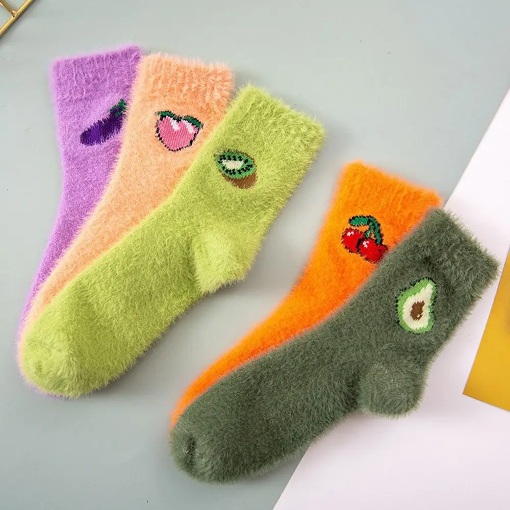 

1 Pair Kawaii Cherries Avocado Kiwi Fruit Warm Sleeping Sock Cartoon Fruit Pattern Eggplants Peache Fluffy Floor Socks