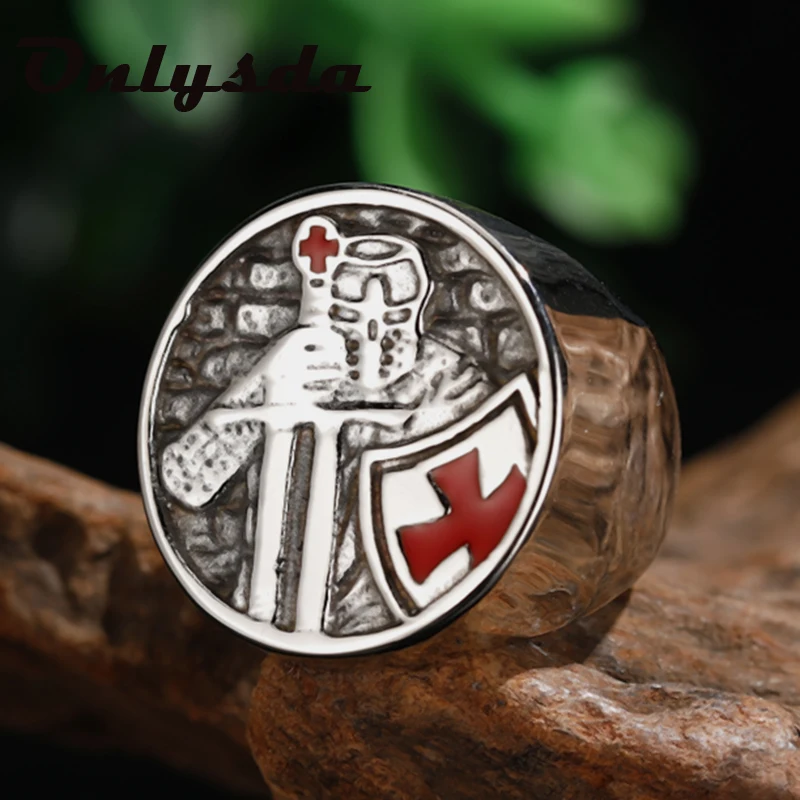 Wholesale Cool Stuff Men's Movie Rings Stainless Steel Red Armor Shield Knight Templar Crusader Cross Ring Punk Bague Lucky Gift |