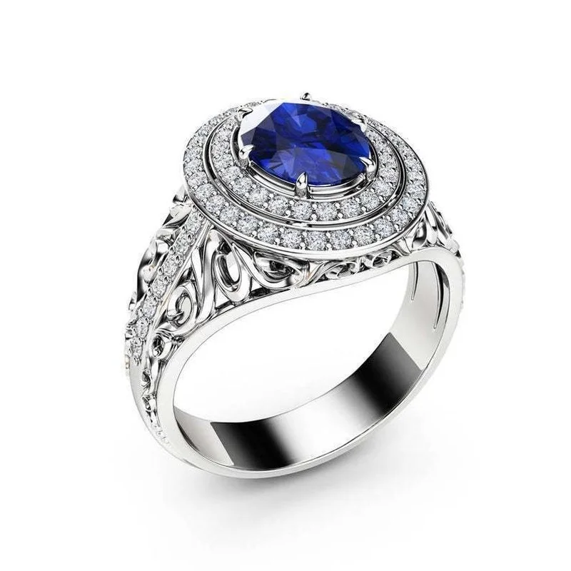 

Silver Blue Zircon round full diamond carved hollow ring size 6-10