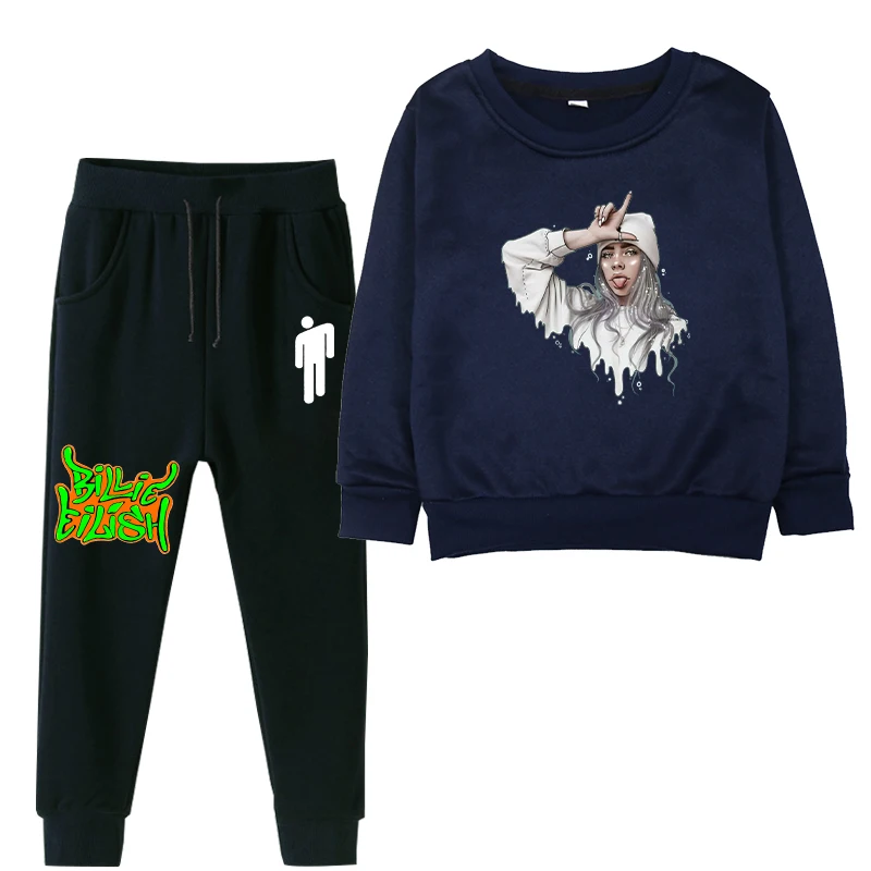 Billie eilish/комплекты спортивной одежды для детей; коллекция года; сезон осень-зима; плотный спортивный костюм с капюшоном для маленьких мальчиков; комплект из 2 предметов; свитер для девочек+ спортивные штаны - Цвет: billie eilish 2