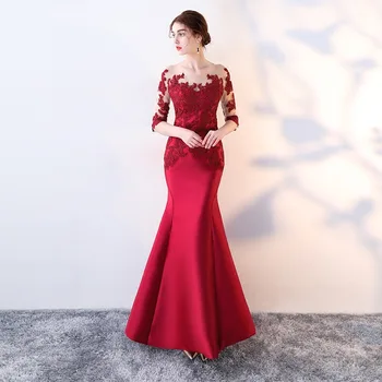

Women's evening dress lace embroidery O neck half sleeve mermaid long formal prom evening dress ceremony party dress