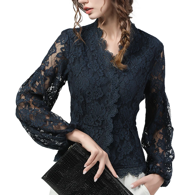 Women Lace Blouses Close-fitting Tops Long Sleeve