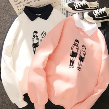 

Plus Velvet Autumn Winter College Wind Jacket Student Fake Two-piece Sweatshirt Polo Collar Female Loose Pullover Korean Version